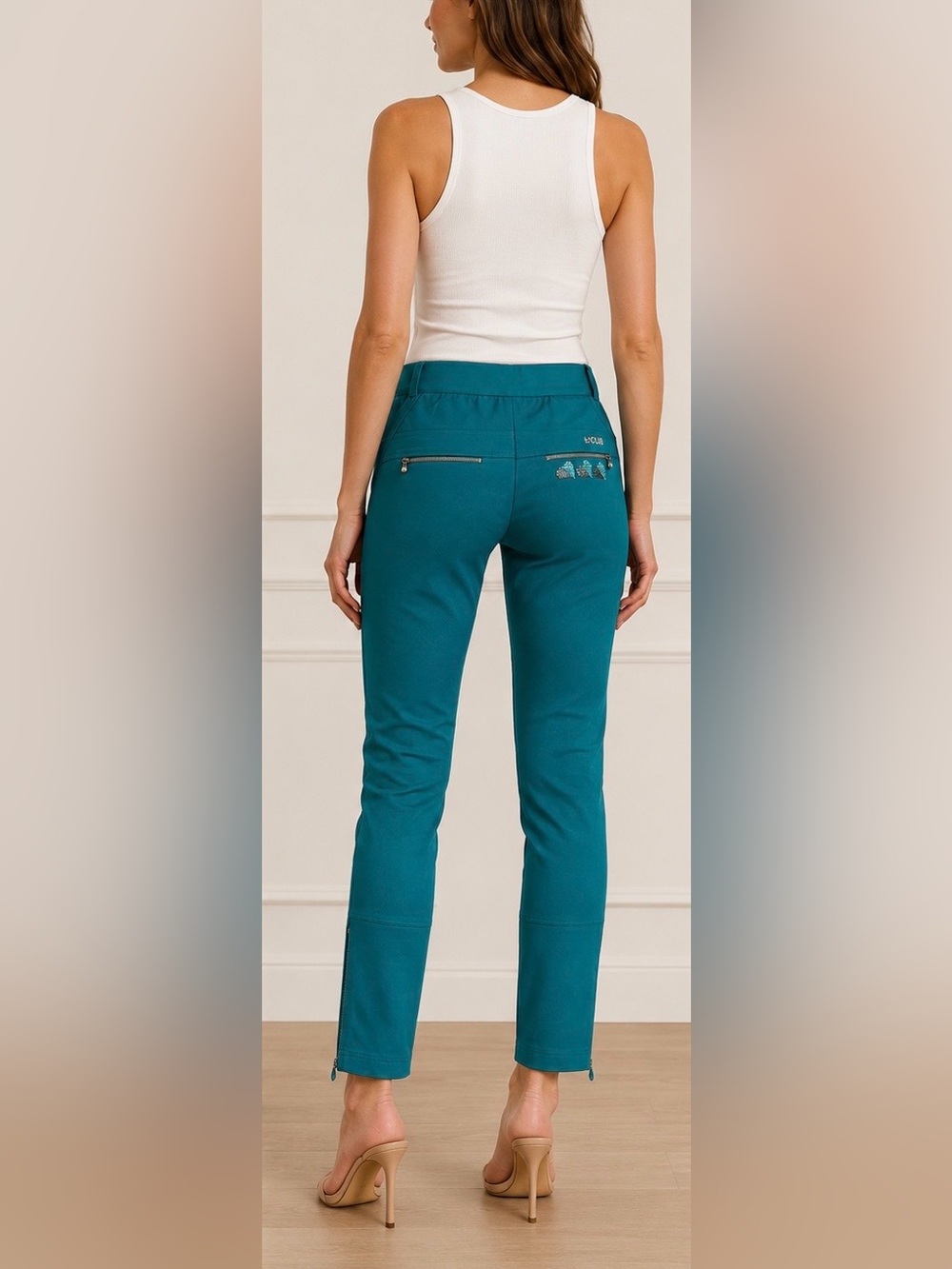 VDP Club Italy Teal Stretch Ankle Pants Crystal Logo Size 46 NWT